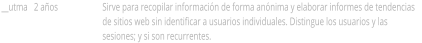 __utma 2 aos Sirve para recopilar informacin de forma annima y elaborar informes de tendencias de sitios web sin identificar a usuarios individuales. Distingue los usuarios y las sesiones; y si son recurrentes.